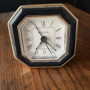 Vintage Bulova Octogon Black and Gold Mini Clock with White Face and Roman Numbe